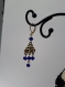 Boucles d'oreilles bohème chic, perles verre bleues à facettes, cristal, chandelier doré ajouré en métal. 65 mm.