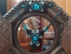 Parure collier/bracelet macramé, motif végétale, perle craquelé 12mm en verre, noir/bleu