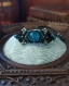 Parure collier/bracelet macramé, motif végétale, perle craquelé 12mm en verre, noir/bleu