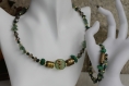Parure ras-du-cou et bracelet en verre-perles de jade-malachite-métal en dégradé de vert modèle 