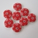 8 boutons en bois, rond, dessins blancs sur fond rouge - 30 mm