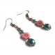 Boucles d'oreilles fleur perle de bohème rose perle émeraude et bronze