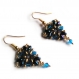 Boucles d'oreilles perles tissées forme triangle et perles pendante bleu swarovski et bronze doré