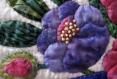 Tableau 38x38 cm fleurs patchwork déco murale rose/bleu