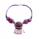 Collier plaque émaillée, agates et perles brodées violet et orange