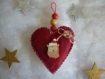 Suspension coeur feutrine bordeaux, chouette en bois et perles, thème noël fait main. 