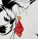 Boucles d'oreilles cuir rouge pailleté motif coquillage, support acier inoxydable argenté, cadeau femme