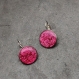 Boucles d'oreilles dormeuses acier inoxydable et simili cuir caviar rose fuchsia, cadeau femme