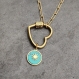 Collier pendentif en forme de cœur en acier inoxydable doré avec pendentif imitation turquoise, cadeau femme