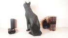 Grande statuette chat égyptien imitation granit noir imprimée en 3d, yeux jaune en résine époxy