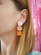 Boucles d’oreilles en pâte polymère motif carreaux retro - rose pâle & orange | fait main en france