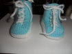 Chaussons bébé genre bascket laine acrylique fait main turquoise et blanc