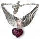 Collier plastron ras de cou argenté en ailes d'ange et orné d'un gros coeur en verre et de fleurs en lucite 