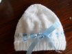 Bonnet bébé en laine taille 0/3 mois blanc avec ruban de couleur au choix