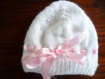 Bonnet bébé en laine taille 0/3 mois blanc avec ruban de couleur au choix