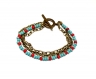 Bracelet 3 rangs chaines verre rocaille turquoise rouge - fermoir toggle bronze 