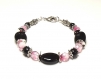 Bracelet  perles pierre onyx et verre noir/rose fermoir mousqueton métal argenté 