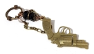 Porte-clefs avec perles de verre noires à facettes et agrémentées d'un révolver en bronze 