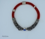 Bracelet - cuir rouge et double tête de dragon en argent - pierre : lapis-lazuli