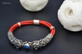 Bracelet - cuir rouge et double tête de dragon en argent - pierre : lapis-lazuli