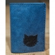 Porte-cartes en cuir bleu jean motif tête de chat