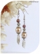 Boucles d'oreilles perles de verre nacrées marron et champagne, breloques feuilles .
