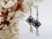 Boucles d'oreilles perles bleues et breloques métal argenté.
