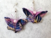 Boucles d'oreilles, fait main, papillons tissu mauve,bleu, or , 2,5 x 4 cm, crochets et chaînes  en acier inoxydable 