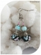 Boucles d'oreilles perles de verre noires motifs fleurs bleues et roses . crochets argentés.