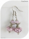 Boucles d'oreilles perles de verre violettes motifs roses. crochets argentés.