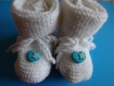 Chaussons bebe blanc et boutons fimo en forme de coeur turquoise