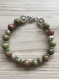 Bracelet perles pierre  unakite , bouddhas, rondelles et disques métal argent 18 cm fermeture par mousqueton