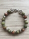 Bracelet perles pierre  unakite , bouddhas, rondelles et disques métal argent 18 cm fermeture par mousqueton