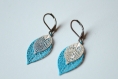 Boucles d'oreille bleu turquoise et argenté, feuille filigrane, bijoux minimaliste, idée cadeau, anniversaire, noël
