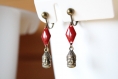 Boucles d'oreilles clip rouge bordeaux, sequins émaillés, tête de bouddha, bronze, idée cadeau, anniversaire, noël