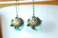 Boucles d'oreilles avec sequin émaillé bleu menthe et tortue bronze