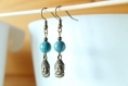 Boucles d'oreille perle jaspe bleu et tête de bouddha bronze