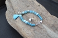 Bracelet ajustable jolie perles agates, différentes nuances de bleu, chaîne pompon bleu ciel et breloques  pieuvre et étoile , thème mer