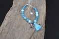 Bracelet ajustable jolie perles agates, différentes nuances de bleu, chaîne pompon bleu ciel et breloques  pieuvre et étoile , thème mer