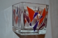 Photophore en verre carré peint orange et violet