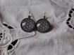 Boucles d'oreilles dormeuses en metal couleur bronze bords ciseles  image sous dome en verre bombe 20 mm collection en noir et blanc