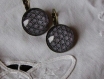 Boucles d'oreilles dormeuses en metal couleur bronze bords ciseles  image sous dome en verre bombe 20 mm collection en noir et blanc