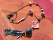 Collier sautoir shabby chic, tribal romantique, bronze , esprit tibain, pompon rose perle céramique bleu 