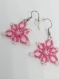 Paire de boucles d'oreille en dentelle couleur rose ,bijoux frivolite, boucles d'oreille couleur rose en dentelle de frivolite 