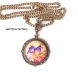 Collier pendentif *papillon* orange violet *cabochon verre*  chaine bronze 