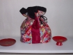 Pochon en tissu japonais style patchwork  fond rouge et fleurs