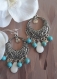 N°605 boucles d'oreilles en métal couleur argent avec des perles de turquoise et des sequins