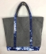 Vanessa bruno style sac cabas en  toile de coton gris et véritables séquins bleu