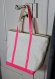 Sac cabas lin blanc paillettes rose fluorescent, sac de plage lin sequins, sac fait main en france