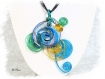 Collier  pendentif en verre facon murano fil aluminium bleu turquoise vert co683 